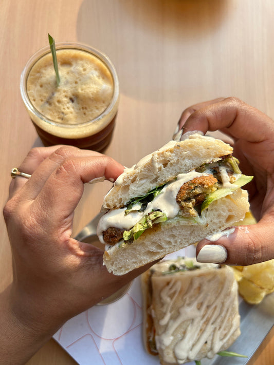 Mediterranean Falafel Sandwich and Orange Palace Coffee at Potboiler Salt Lake, best cafe in Kolkata